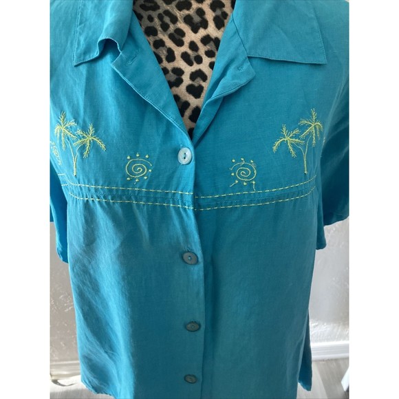 Dress Barn Top Shirt Blouse 20W SILK LINEN Embroidered Tropical Beach Turquoise - Picture 2 of 7